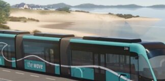 An impression of two metro buses on a bridge.