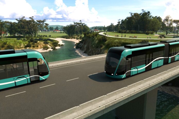 An impression of two metro buses on a bridge.