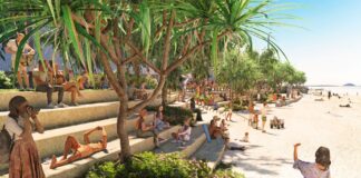 An artist impression showing people sitting on a terraced seawall at Mooloolaba beach.