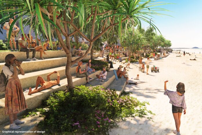 An artist impression showing people sitting on a terraced seawall at Mooloolaba beach.