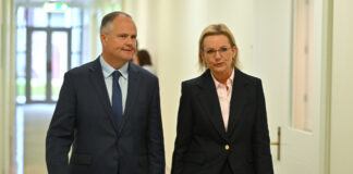 New Deputy Leader of the Liberals Ted O’Brien and Leader of the Opposition Sussan Ley after the Liberals party room meeting for a leadership ballot at Parliament House in Canberra. Picture: AAP.