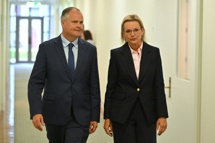 New Deputy Leader of the Liberals Ted O’Brien and Leader of the Opposition Sussan Ley after the Liberals party room meeting for a leadership ballot at Parliament House in Canberra. Picture: AAP.