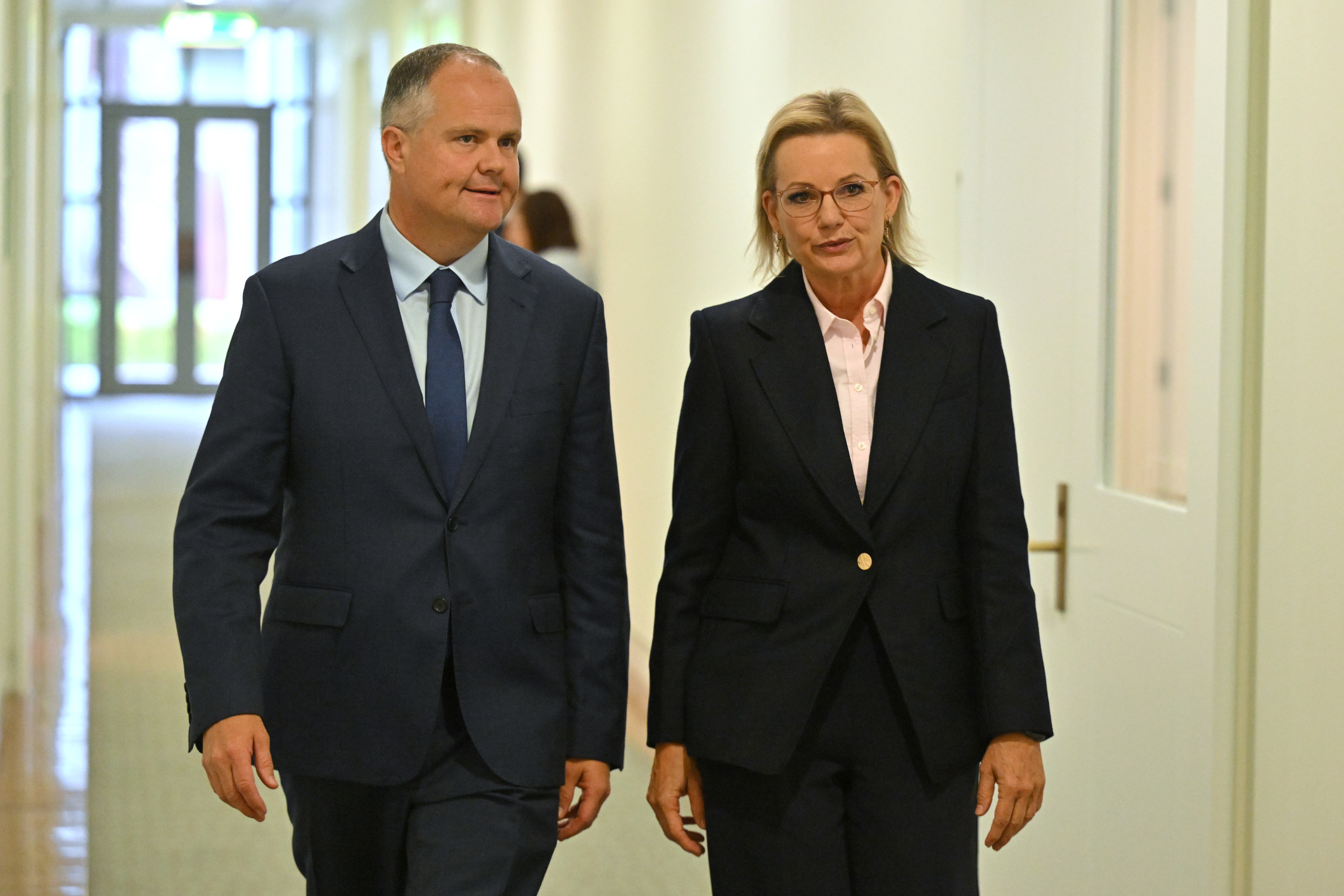 New Deputy Leader of the Liberals Ted O’Brien and Leader of the Opposition Sussan Ley after the Liberals party room meeting for a leadership ballot at Parliament House in Canberra. Picture: AAP.
