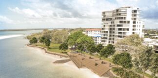 An artist impression showing a beach with seawall and concrete stepped wall.