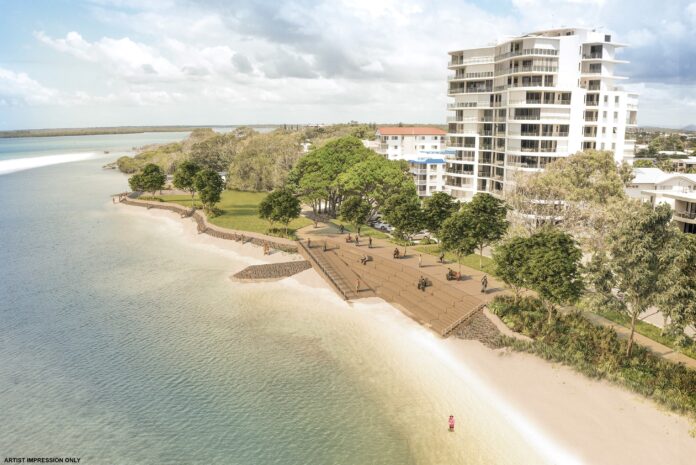 An artist impression showing a beach with seawall and concrete stepped wall.
