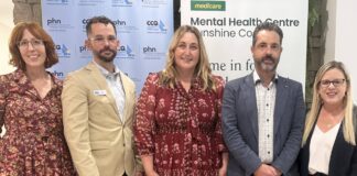 Wellways Director of Services Nikki Wynne, Country to Coast QLD A/Director Mental Health Alcohol and Other Drugs William Pitt, Assistant Minister for Mental Health and Suicide Prevention and Minister for Rural and Regional Health Emma McBride and Clarity Health Care CEO Davis Lemke smile for the camera at the Sunshine Coast Medicare Mental Health Centre.