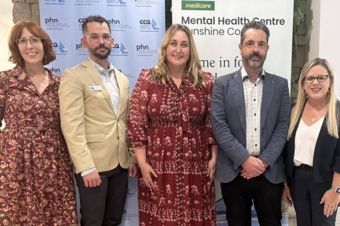 Wellways Director of Services Nikki Wynne, Country to Coast QLD A/Director Mental Health Alcohol and Other Drugs William Pitt, Assistant Minister for Mental Health and Suicide Prevention and Minister for Rural and Regional Health Emma McBride and Clarity Health Care CEO Davis Lemke smile for the camera at the Sunshine Coast Medicare Mental Health Centre.