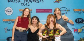 Betty Taylor members with their three 'golden pineapples' at the Sunshine Coast Music Awards. Picture: NHughes Media.