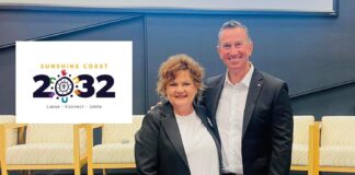 Sunshine Coast 2032 Chair Roz White and Patron Duncan Armstrong smile for the camera.
