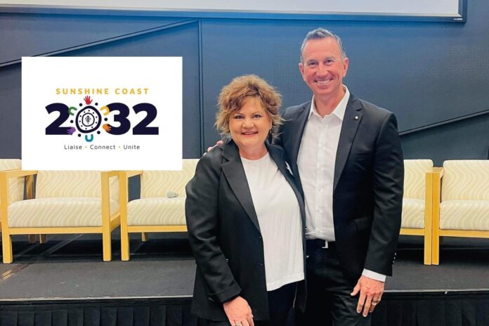 Sunshine Coast 2032 Chair Roz White and Patron Duncan Armstrong smile for the camera.