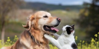 A golden retriever and a cat play among sunflowers. Picture: Shutterstock.