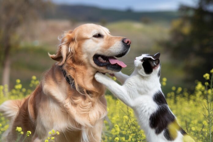 A golden retriever and a cat play among sunflowers. Picture: Shutterstock.