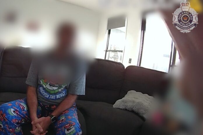 A man, pictured seated on a lounge chair, was arrested by police. Picture by QPS.