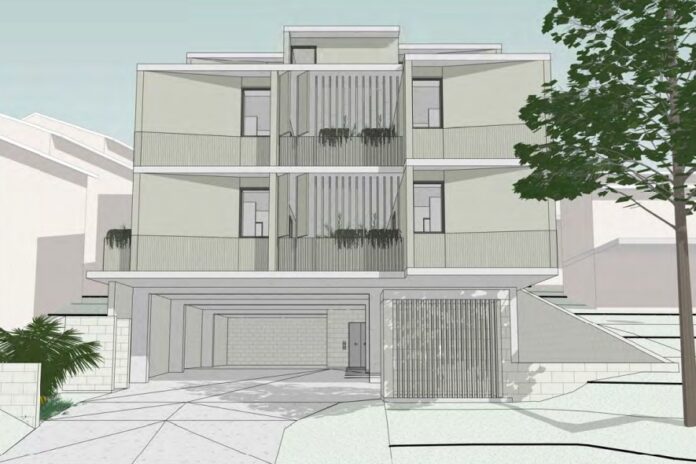 An artist impression of the front of a proposed three-storey rooming accommodation.