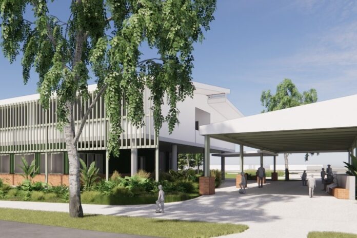 An impression of the school to be built at Caloundra South shows a two-storey building, a covered area and trees.