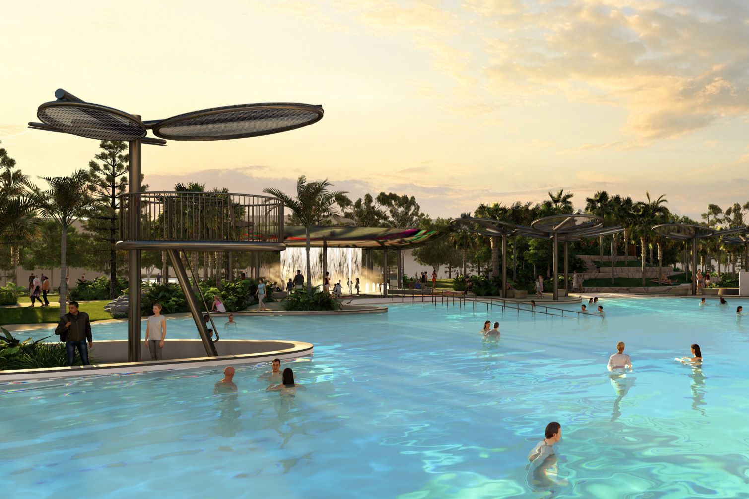 An illustration of a large blue lagoon with people swimming at dusk.