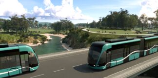 An impression of metro buses crossing a bridge.