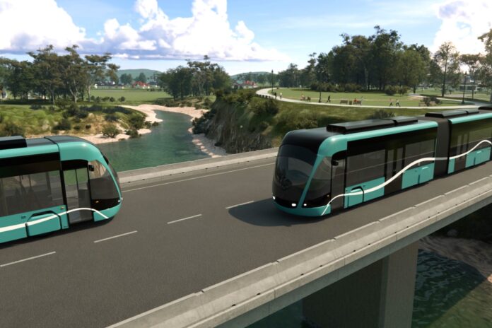 An impression of metro buses crossing a bridge.