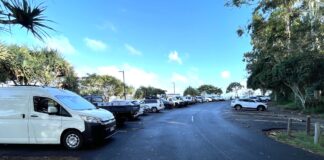 Vans and other vehicles parked at the end of Claude Batten Drive on Noosa Spit. Picture: Noosa Council.