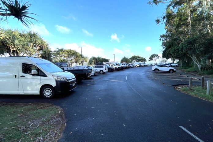 Vans and other vehicles parked at the end of Claude Batten Drive on Noosa Spit. Picture: Noosa Council.