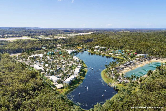 An impression showing a resort with water park, around a lake.