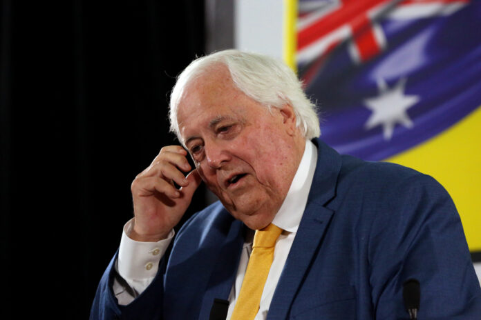 Clive Palmer at the launch of the Trumpet of Patriots, on the Sunshine Coast, ahead of the federal election. campaign.