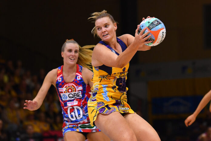 Lightning star Steph Fretwell catches the ball and looks to pass. Picture: AAP.