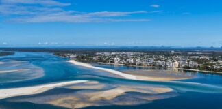 The northern end of Pumicestone Passage and Golden Beach. Picture: Bluey's Photography.