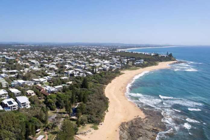 An aerial photo of Shelly Beach.