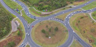 Aerial image of the Caloundra Road, Kawana Way and Bells Creek Arterial roads.