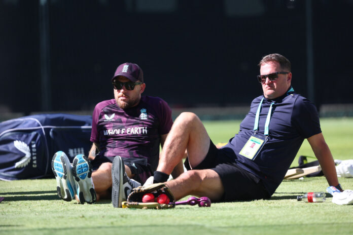 England's coach Brendon McCullum with selector Rob Key during a training session. Picture: AAP.