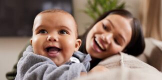 A mother and baby bonding.