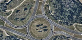 The Caloundra Road, Kawana Way and Bells Creek Arterial Road roundabout, pictured from above.