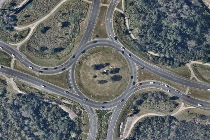 The Caloundra Road, Kawana Way and Bells Creek Arterial Road roundabout, pictured from above.