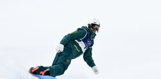 Meila Stalker in the Women’s Snowboard Big Air qualification round at the 2026 Milano Cortina Winter Olympic Games in Italy. Picture: AAP.