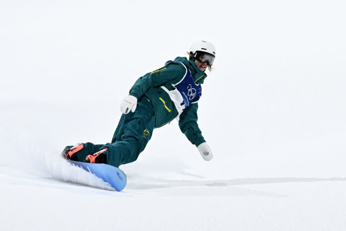 Meila Stalker in the Women’s Snowboard Big Air qualification round at the 2026 Milano Cortina Winter Olympic Games in Italy. Picture: AAP.