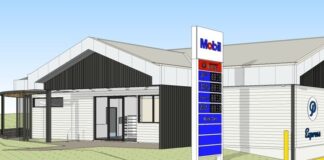 An illustration of the service station and sign.