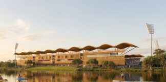 An artist impression of the Sunshine Coast Stadium Upgrade shows a grandstand with curved roof.