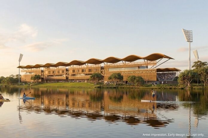 An artist impression of the Sunshine Coast Stadium Upgrade shows a grandstand with curved roof.