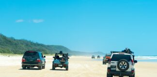 4WD vehicles on a beach.