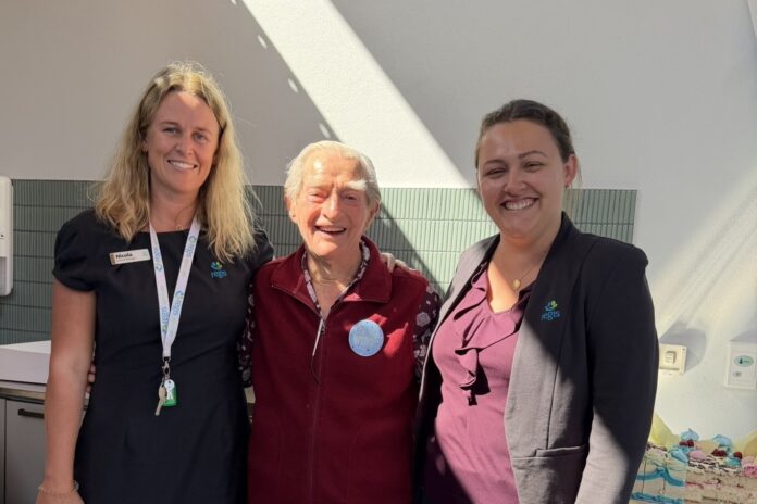 Regis Maroochydore's Nicola Watt, resident Jeffrey Oliver and CEO Colleen Martin.