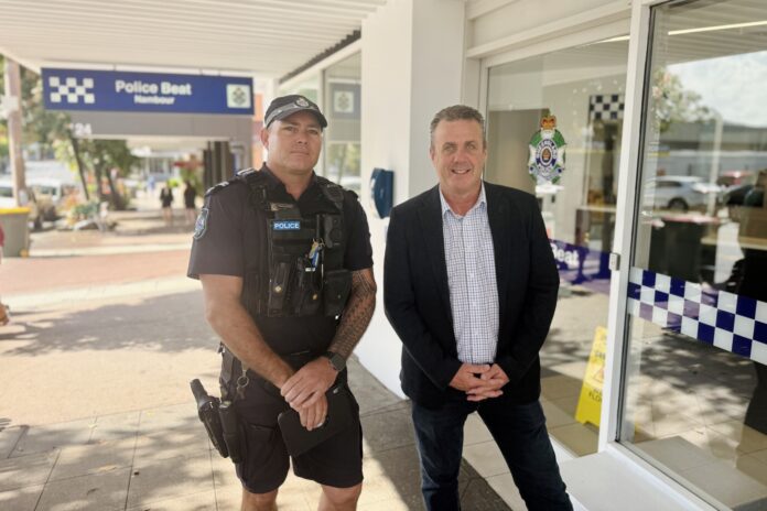 Senior Constable Aaron Caldwell and Member for Nicklin Marty Hunt at the Nambour Police Beat.