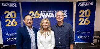 RDA’s Jason Law, Chair of Sunshine Coast Business Awards chair Jennifer Swaine and Judo Bank economist Warren Hogan.