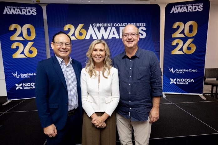 RDA’s Jason Law, Chair of Sunshine Coast Business Awards chair Jennifer Swaine and Judo Bank economist Warren Hogan.
