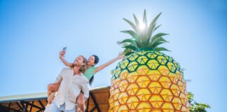 A couple takes selfie in front of the Big Pineapple.