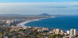 An aerial view of Mooloolaba and Maroochydore.