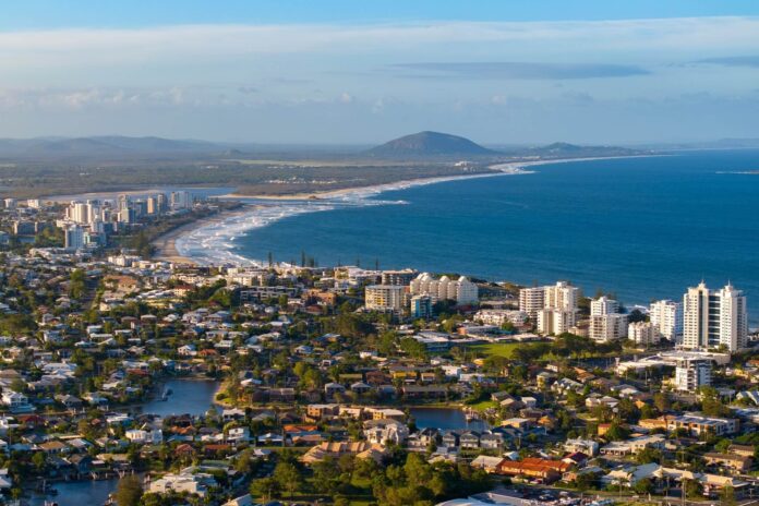 An aerial view of Mooloolaba and Maroochydore.