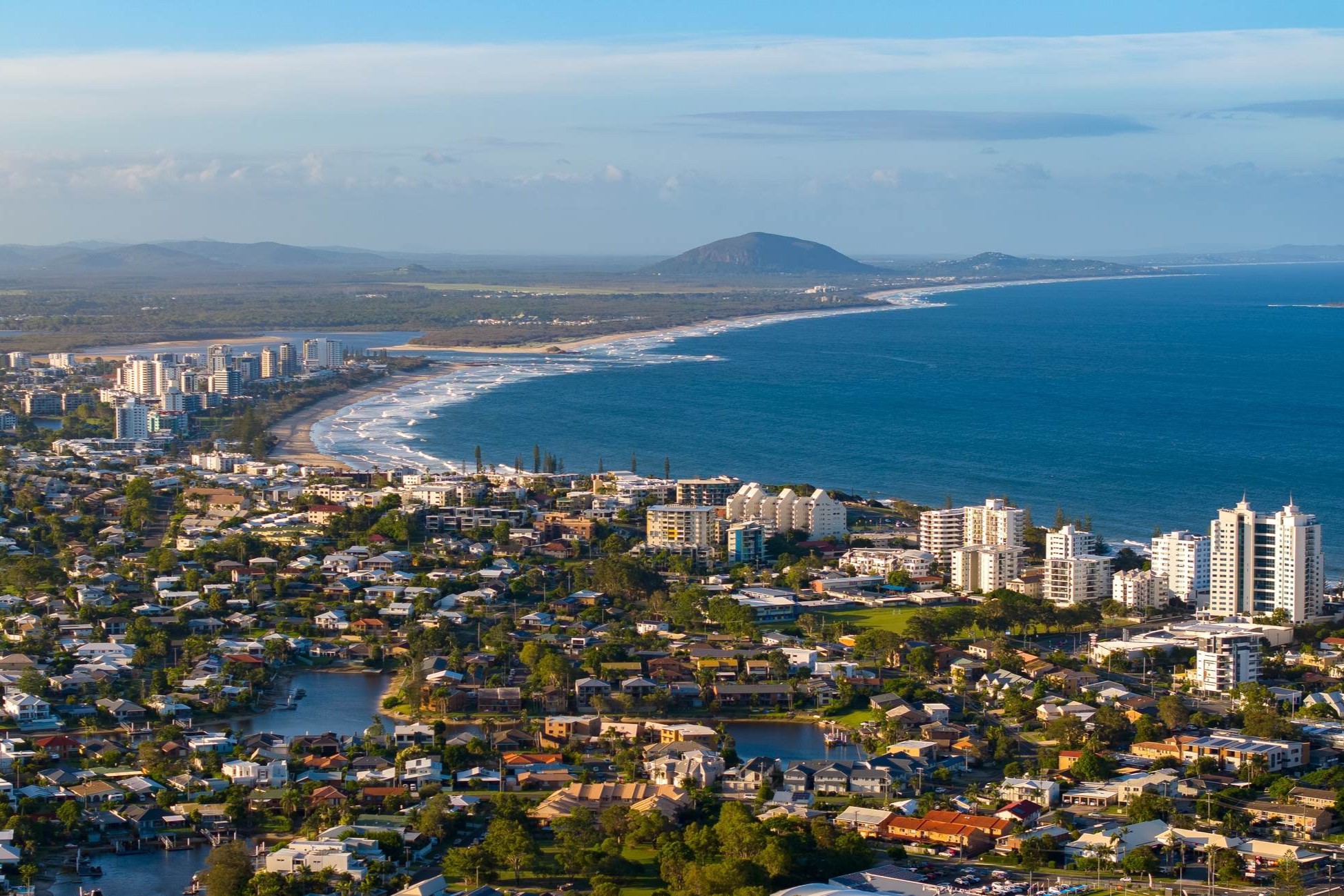 An aerial view of Mooloolaba and Maroochydore.