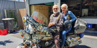 A couple in their 70s are accelerating into old age on their Harley Davidson.