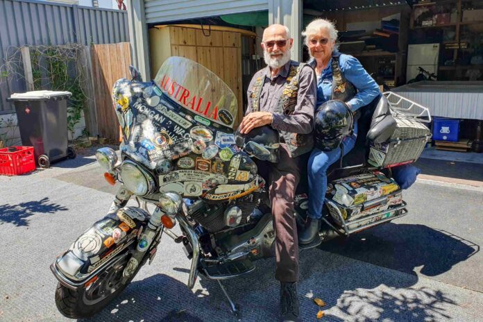 A couple in their 70s are accelerating into old age on their Harley Davidson.